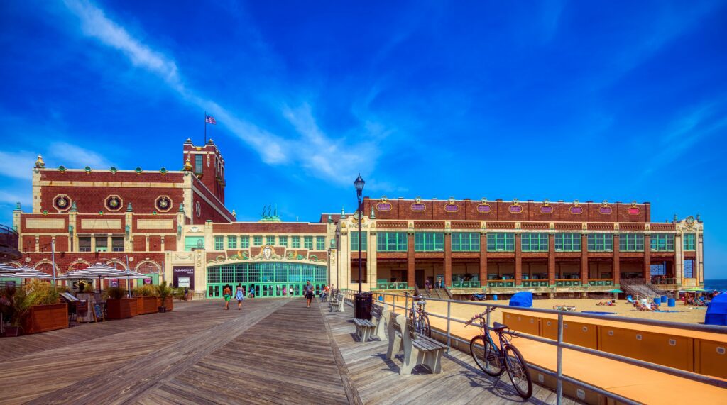 The Asbury Park boardwalk and Paramount Theatre on a sunny summer day in New Jersey