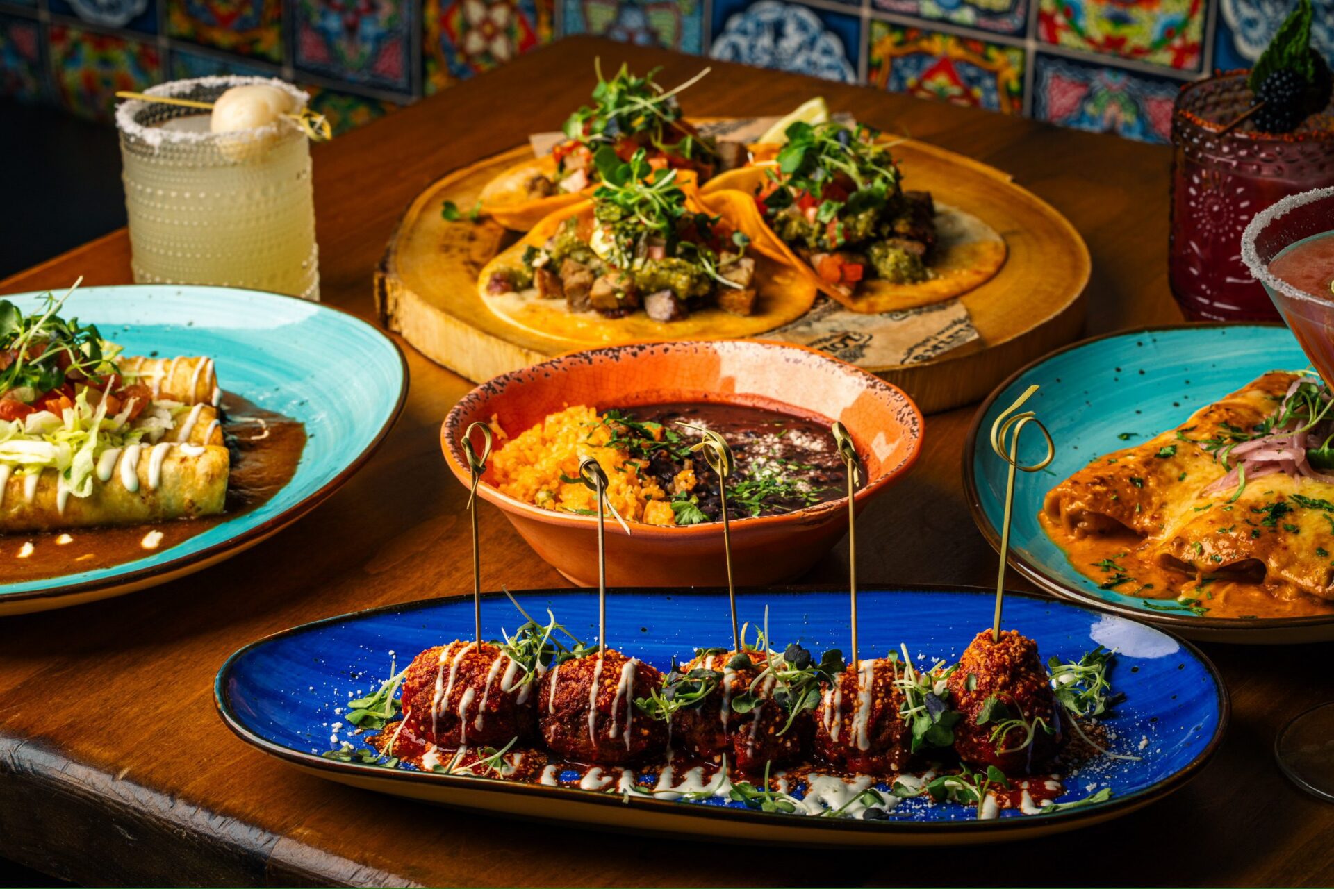 A colorful spread of tacos, enchiladas, and margaritas at Lolitas restaurant in New Jersey for Cinco de Mayo