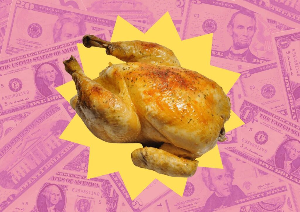A rotisserie chicken on a yellow starburst surrounded by pink-tinted dollar bills, representing the Hot Rotisserie Chicken Act and SNAP eligibility