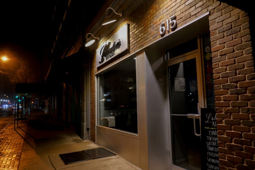 The exterior of Laboratorio Kitchen restaurant at night on Bloomfield Avenue in Montclair, New Jersey
