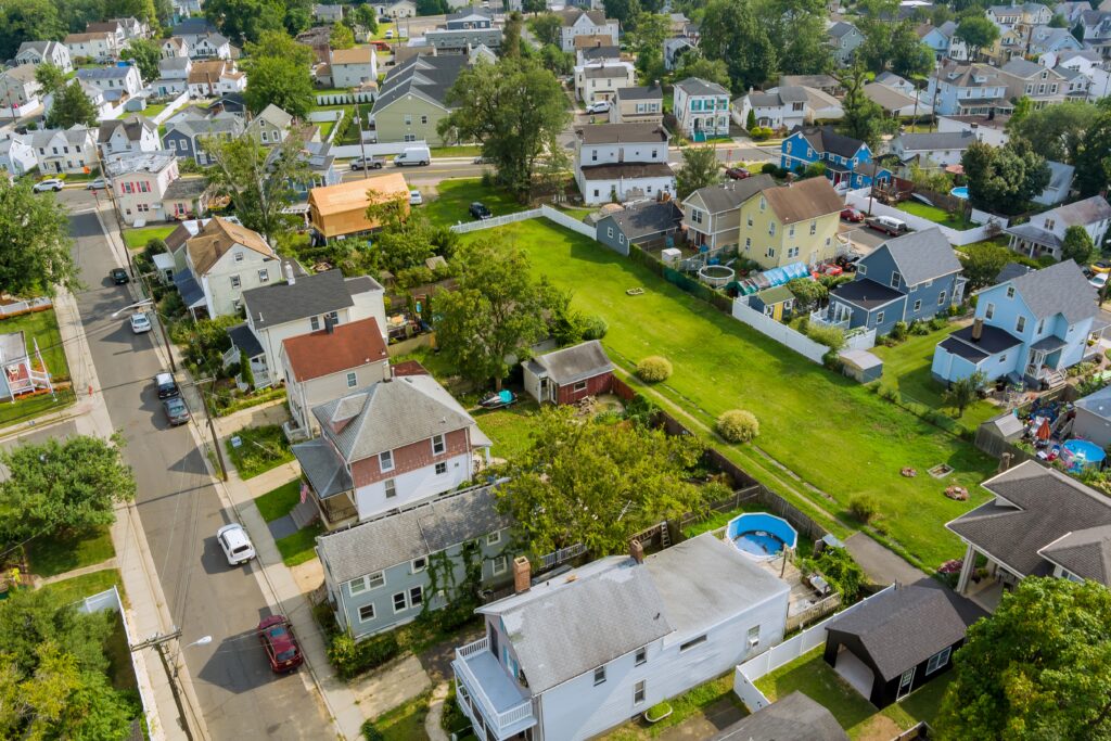 Aerial view of a residential neighborhood in New Jersey showing homes and streets