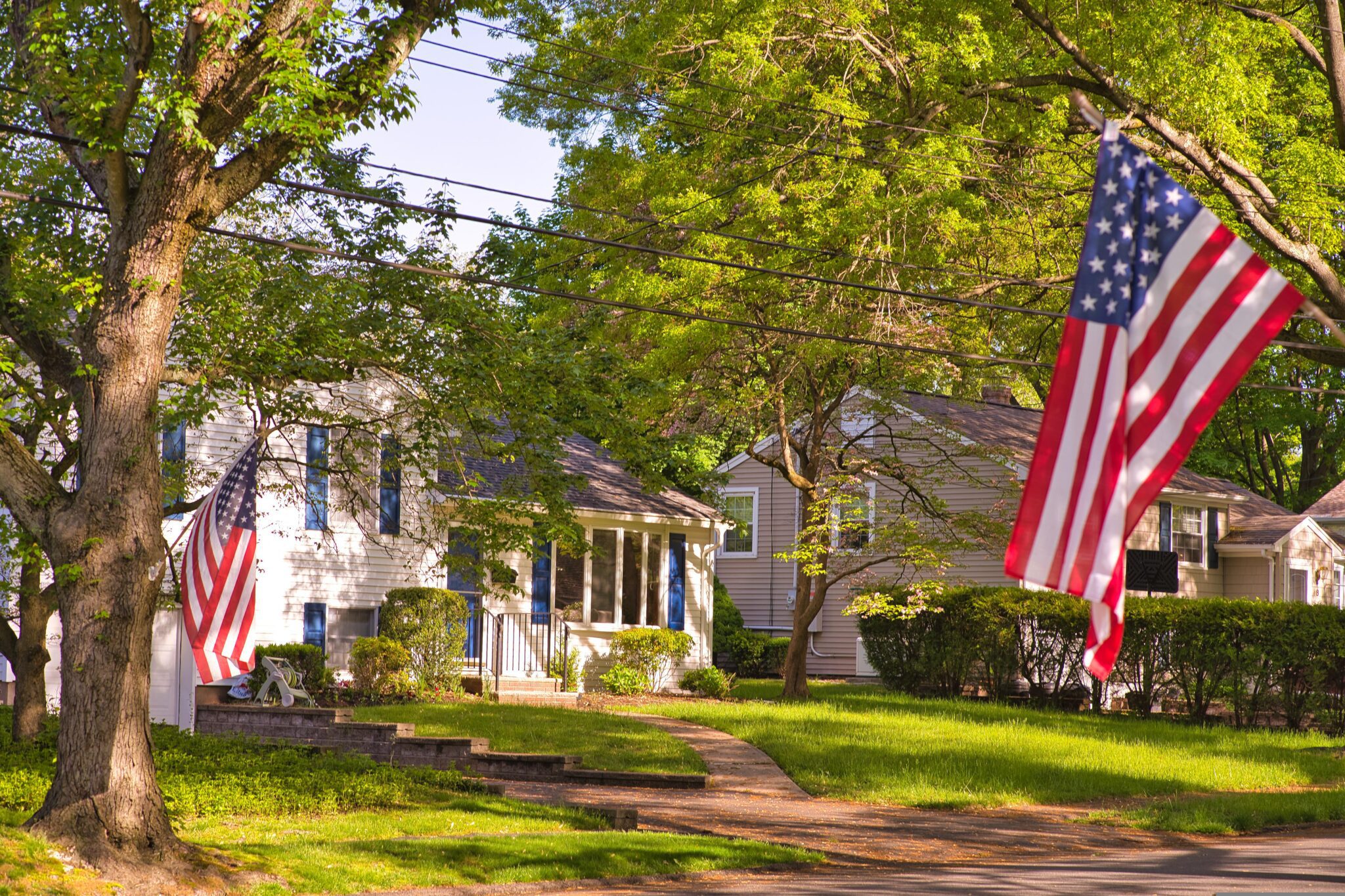 A tree-lined suburban street in New Jersey with American flags and residential homes