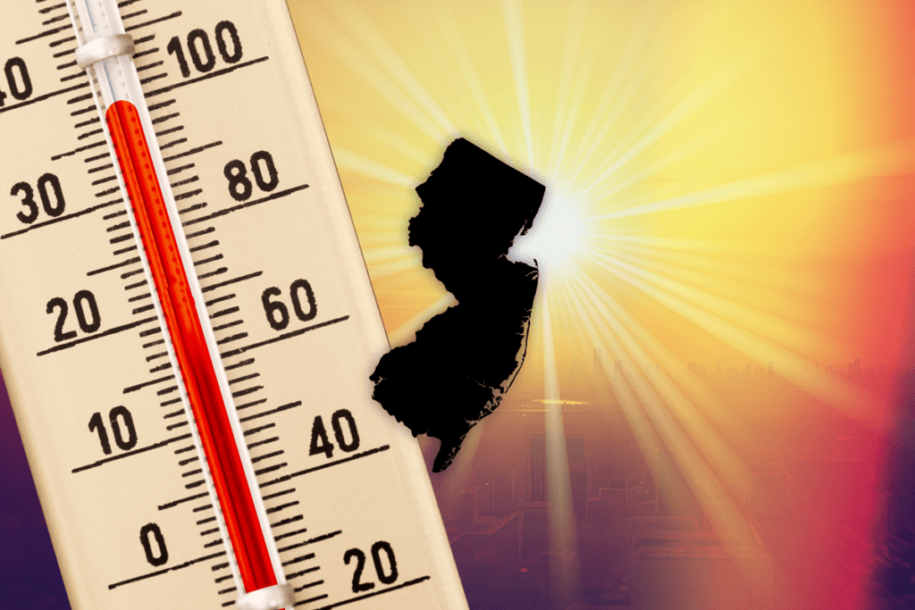 Thermometer reading near 100 degrees with New Jersey state silhouette and blazing sun, representing the hotter-than-average summer 2026 forecast for the Garden State