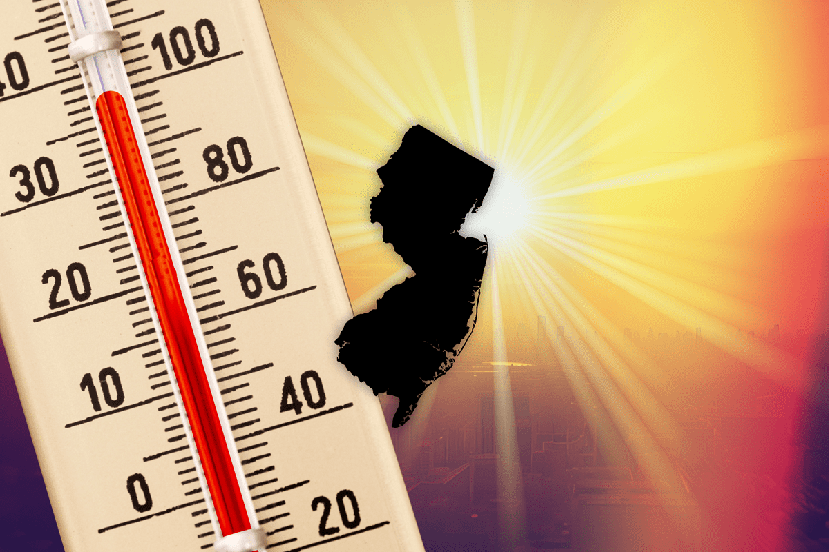 Thermometer reading near 100 degrees with New Jersey state silhouette and blazing sun, representing the hotter-than-average summer 2026 forecast for the Garden State