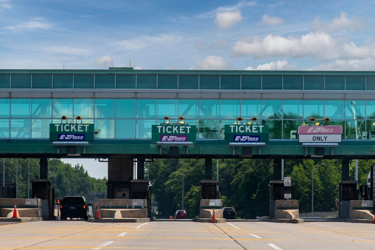 A New Jersey toll plaza with E-ZPass and ticket lanes