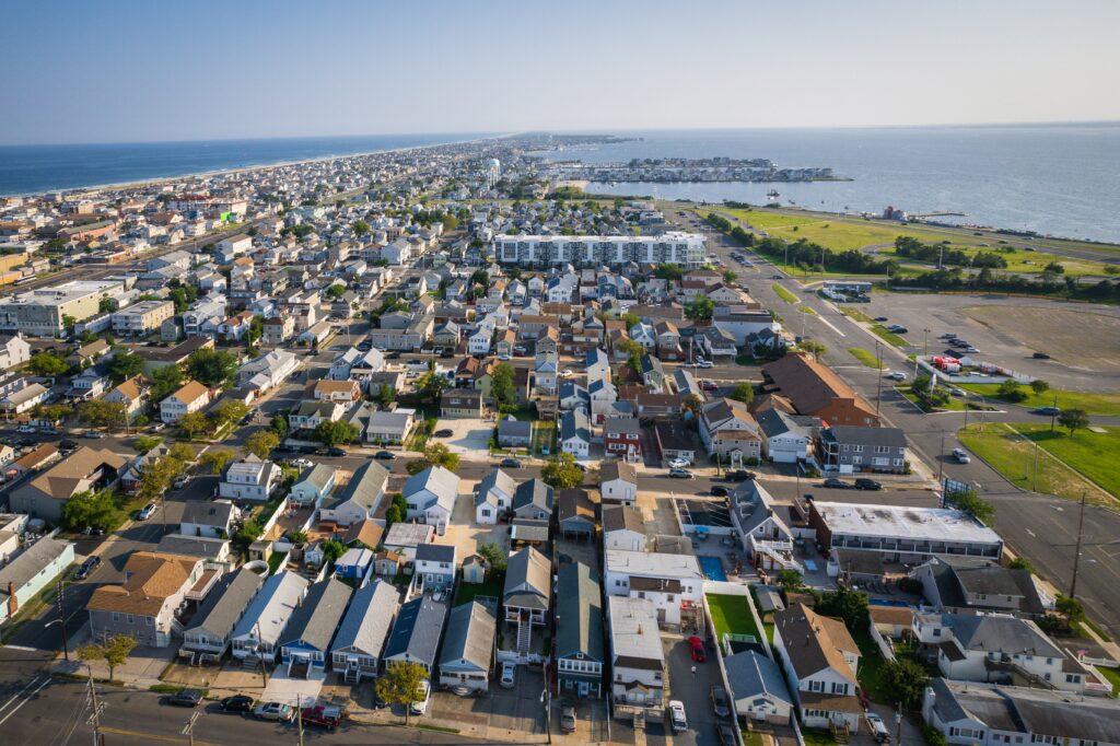 Aerial view of Seaside Park, New Jersey looking south along the barrier island toward South Seaside Park