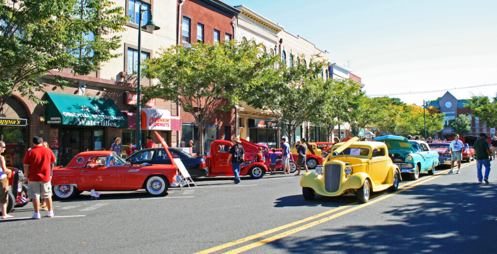 An antique car show on the main street of Summit, New Jersey
