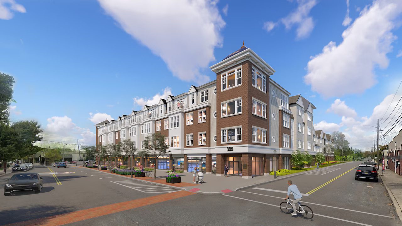 Architectural rendering of The Elbie, a four-story mixed-use rental development at 305 Broadway in Long Branch, New Jersey, featuring ground-floor retail, brick facade, and streetscape improvements along the Lower Broadway Corridor