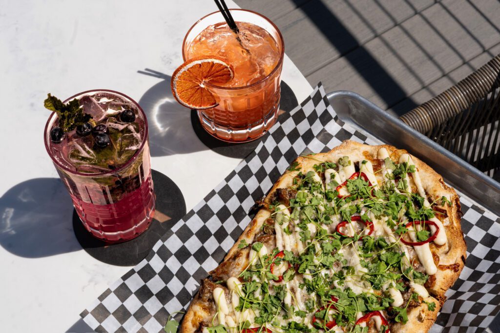 Cheesy flatbread and cocktails