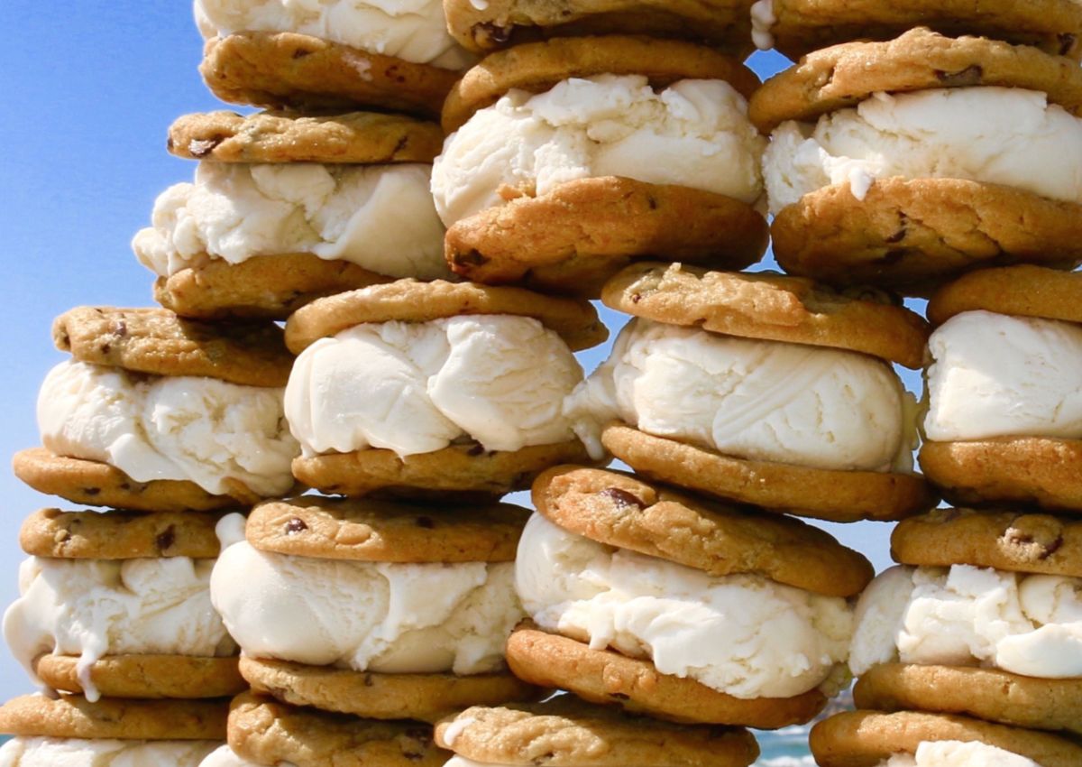 Cookie ice cream sandwiches stacked at The Baked Bear in New Jersey