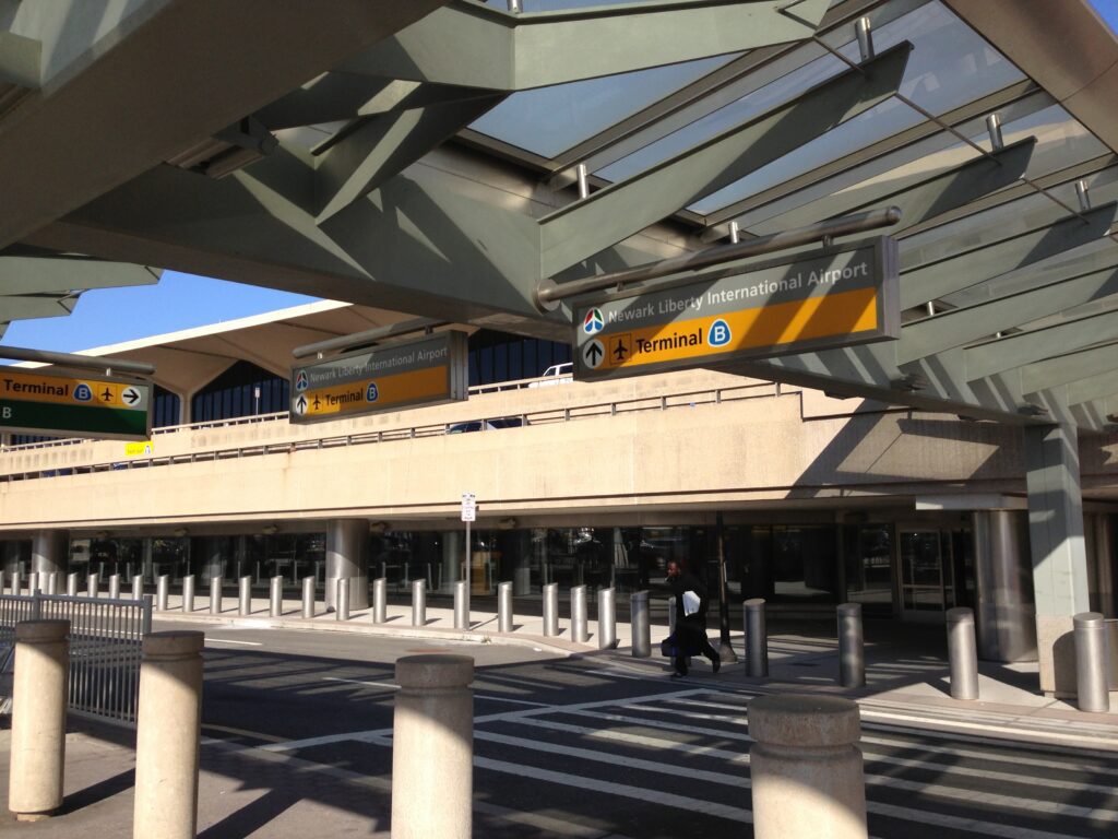 The entrance to Terminal B at Newark Liberty International Airport in New Jersey
