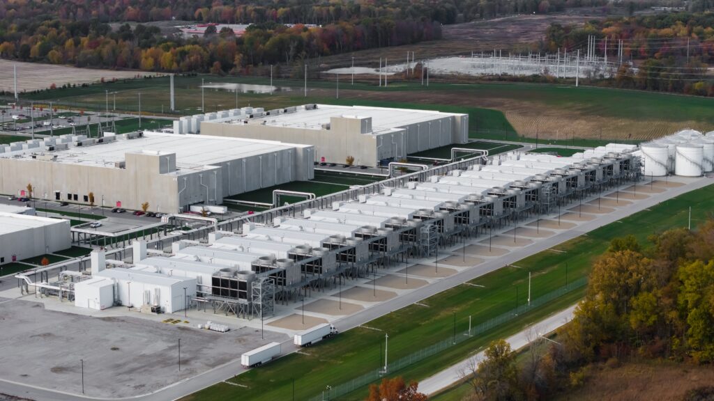 An aerial view of a large-scale AI data center facility