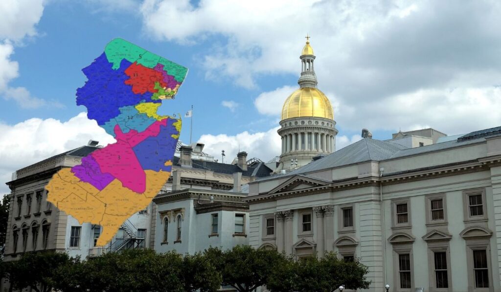 New Jersey's congressional district map overlaid on the New Jersey State House in Trenton