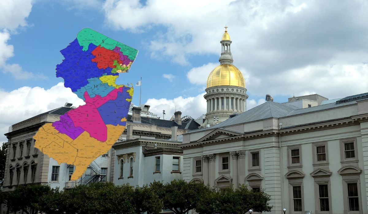 New Jersey's congressional district map overlaid on the New Jersey State House in Trenton