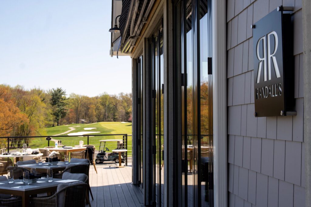 The outdoor patio and golf course view at Randall's Restaurant inside The Legacy Club in Cherry Hill, New Jersey