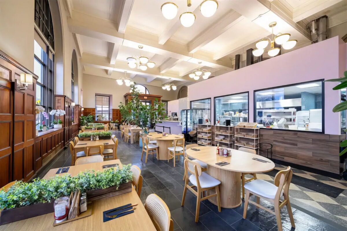The interior of Rosangelly's Café inside a historic former bank building in Westwood, New Jersey