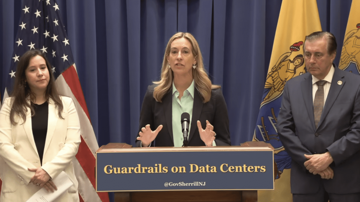 Governor Mikie Sherrill announcing New Jersey's data center guardrails strategy at a press conference