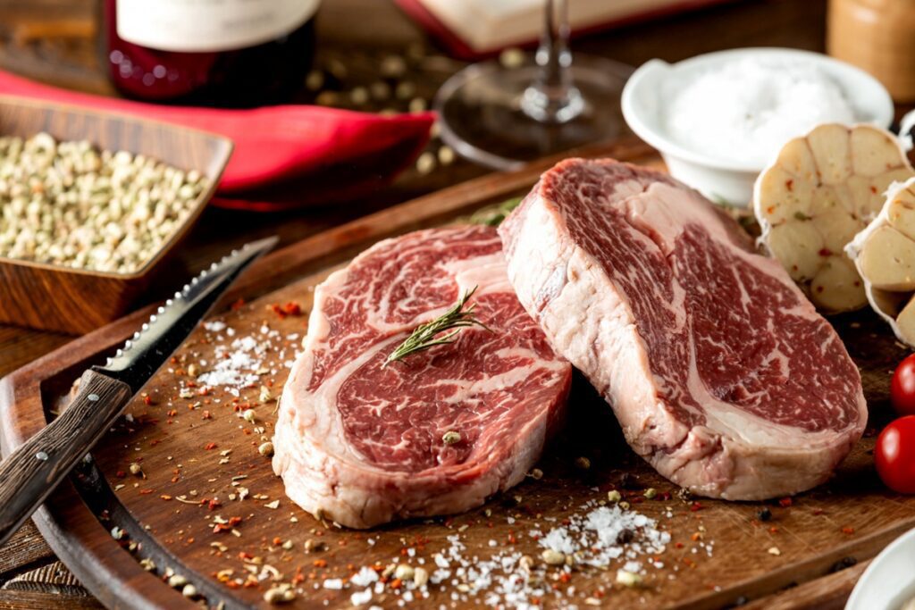 The marbling pattern on a properly graded A5 ribeye, photographed before the sear.
