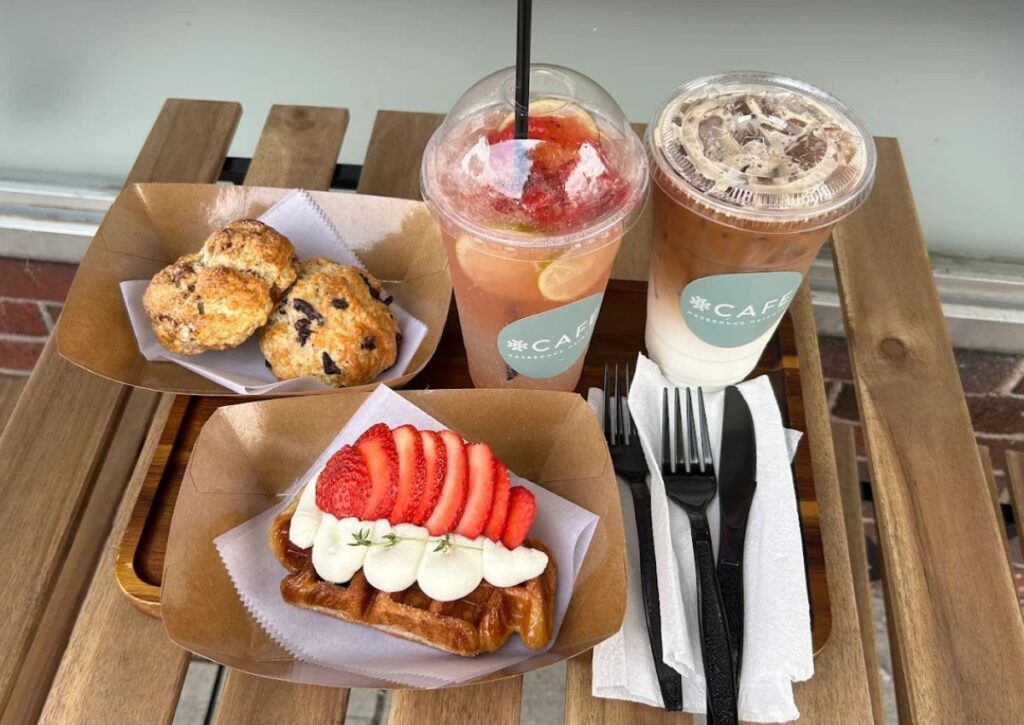 scones, iced coffee, refresher, and strawberry waffle at cafe hasbrouck heights