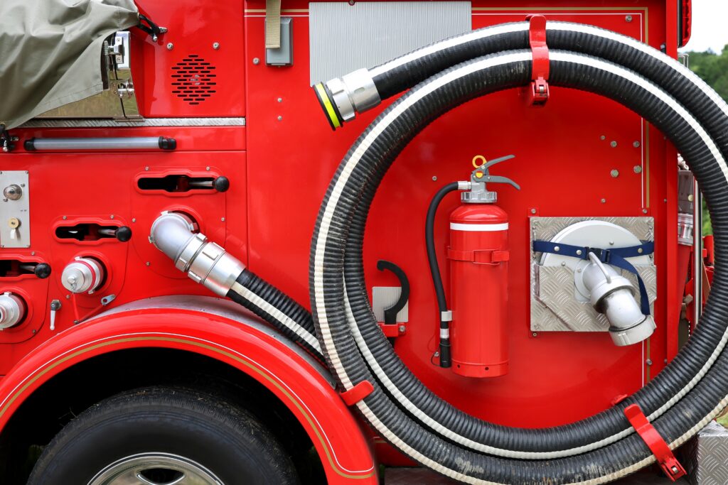 Fire hose and equipment on a fire truck responding to an emergency in New Jersey