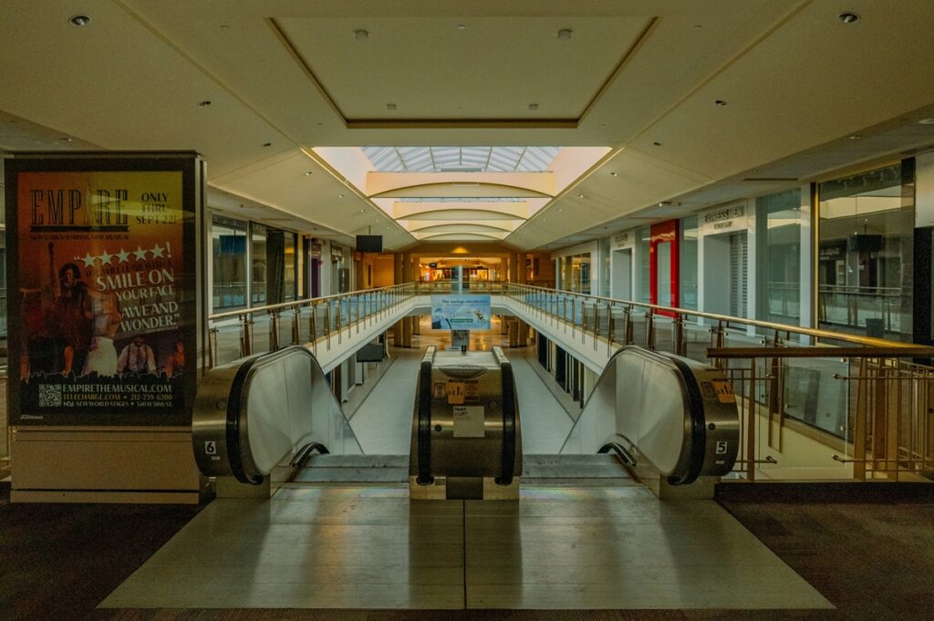 The largely empty interior of a dying shopping mall in New Jersey