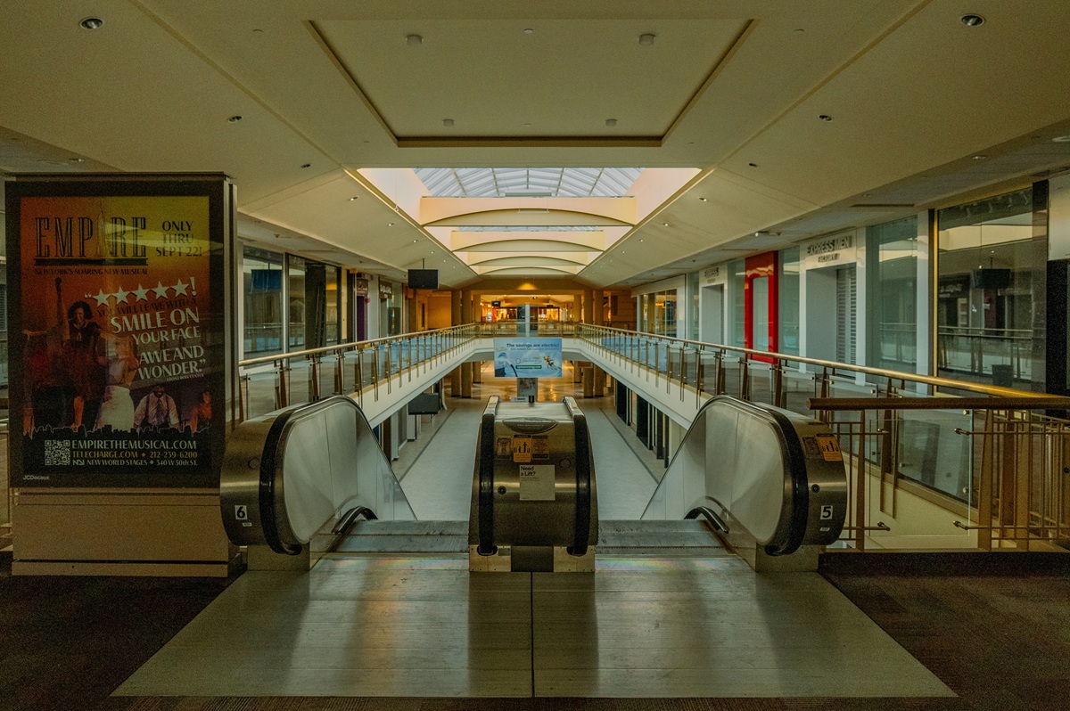 The largely empty interior of a dying shopping mall in New Jersey