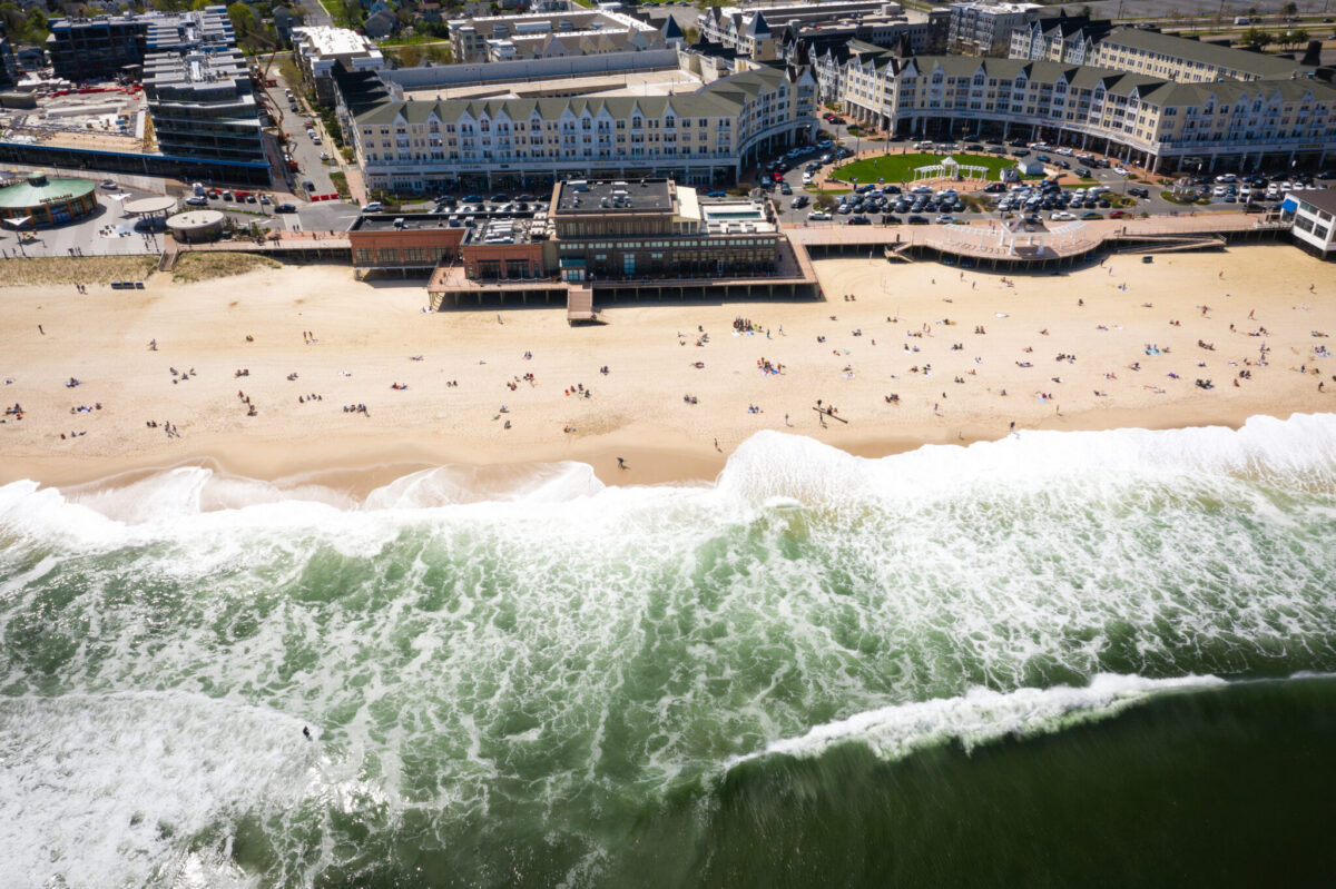 An aerial view of the Long Branch, New Jersey beachfront and Pier Village