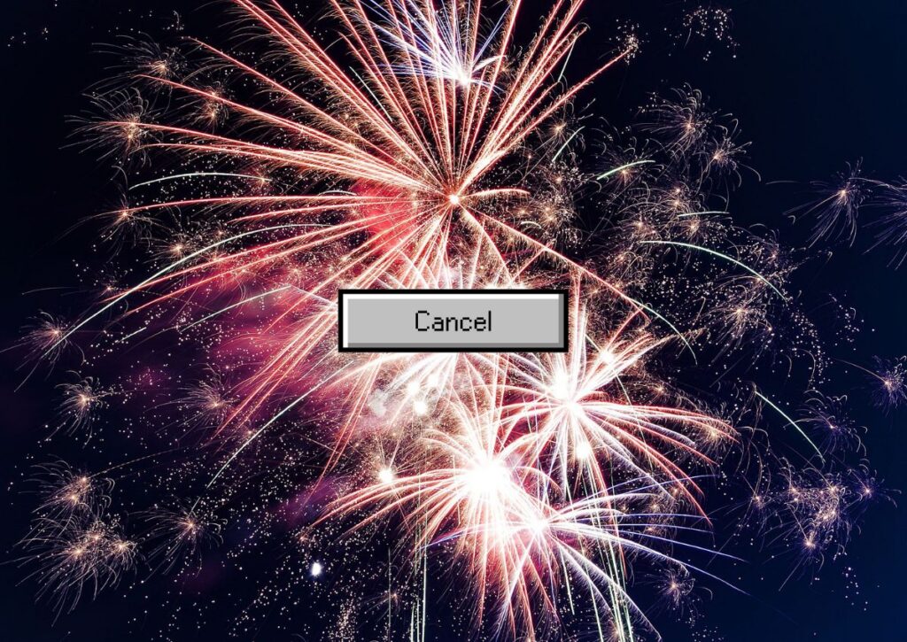 Fireworks with a cancel button overlay representing the cancellation of Mount Holly's Fourth of July celebration