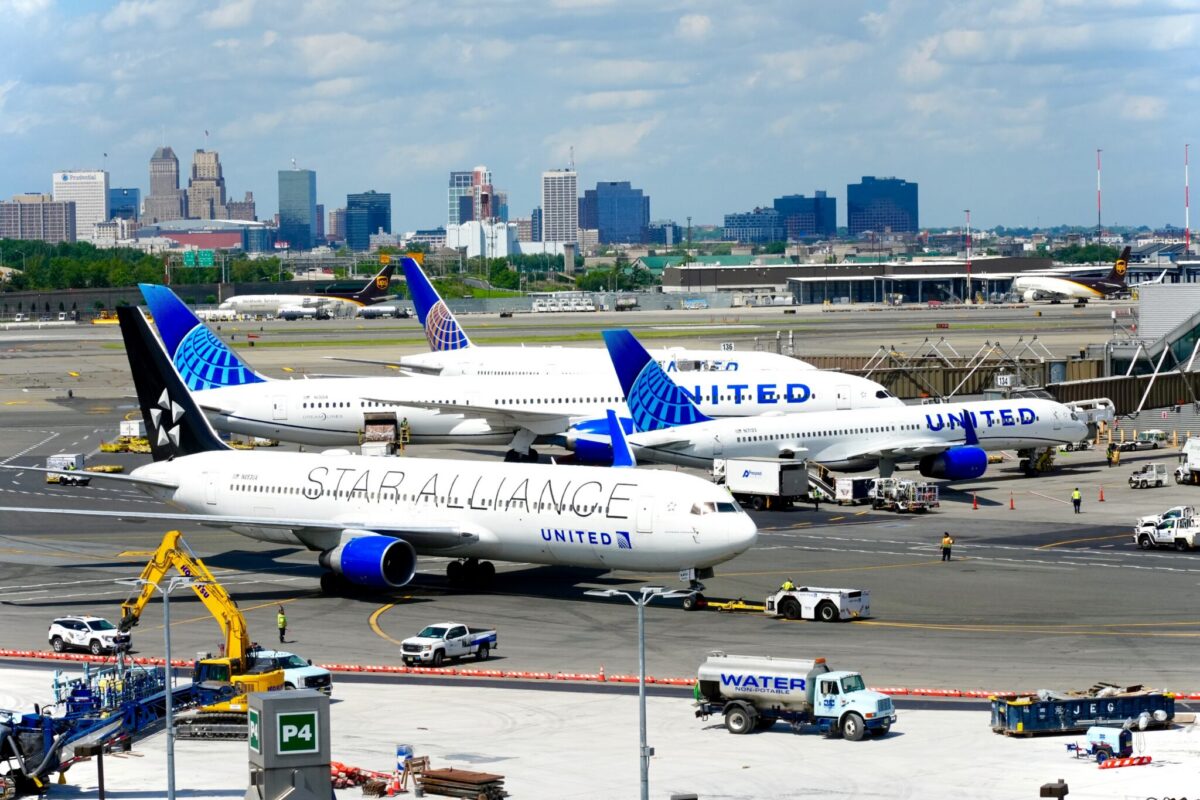 United Airlines planes on the tarmac at Newark Liberty International Airport with the Newark skyline in the background