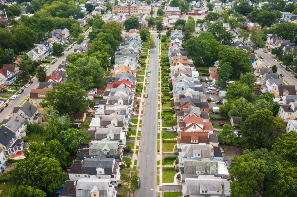 An aerial view of a residential street in East Orange, New Jersey