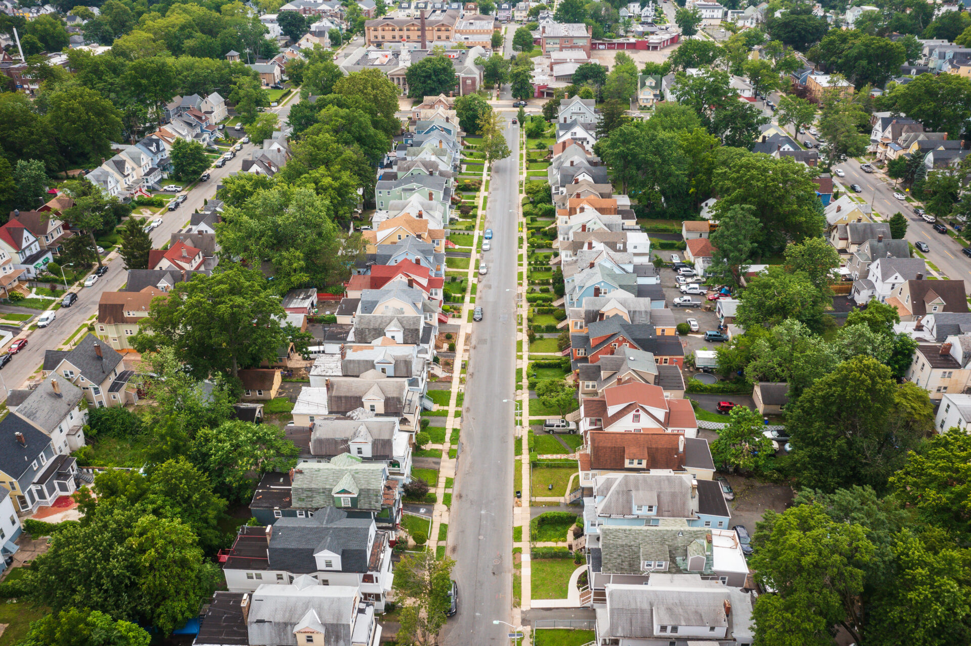 An aerial view of a residential street in East Orange, New Jersey