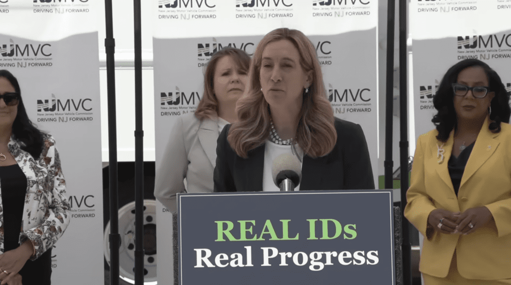 New Jersey Governor Mikie Sherrill speaks at a press conference at the Motor Vehicle Commission office in Trenton, New Jersey