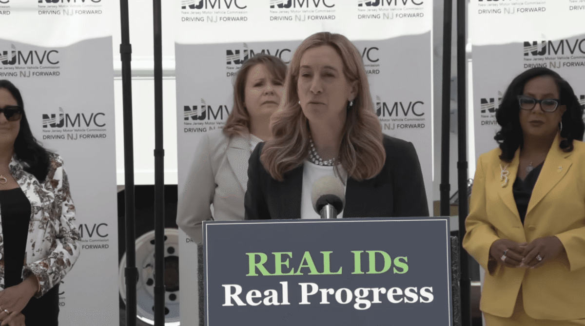New Jersey Governor Mikie Sherrill speaks at a press conference at the Motor Vehicle Commission office in Trenton, New Jersey