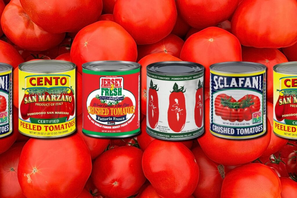 Custom Design made featuring cans of Jersey Fresh tomatoes and san marzanos on top of a background of red tomatoes