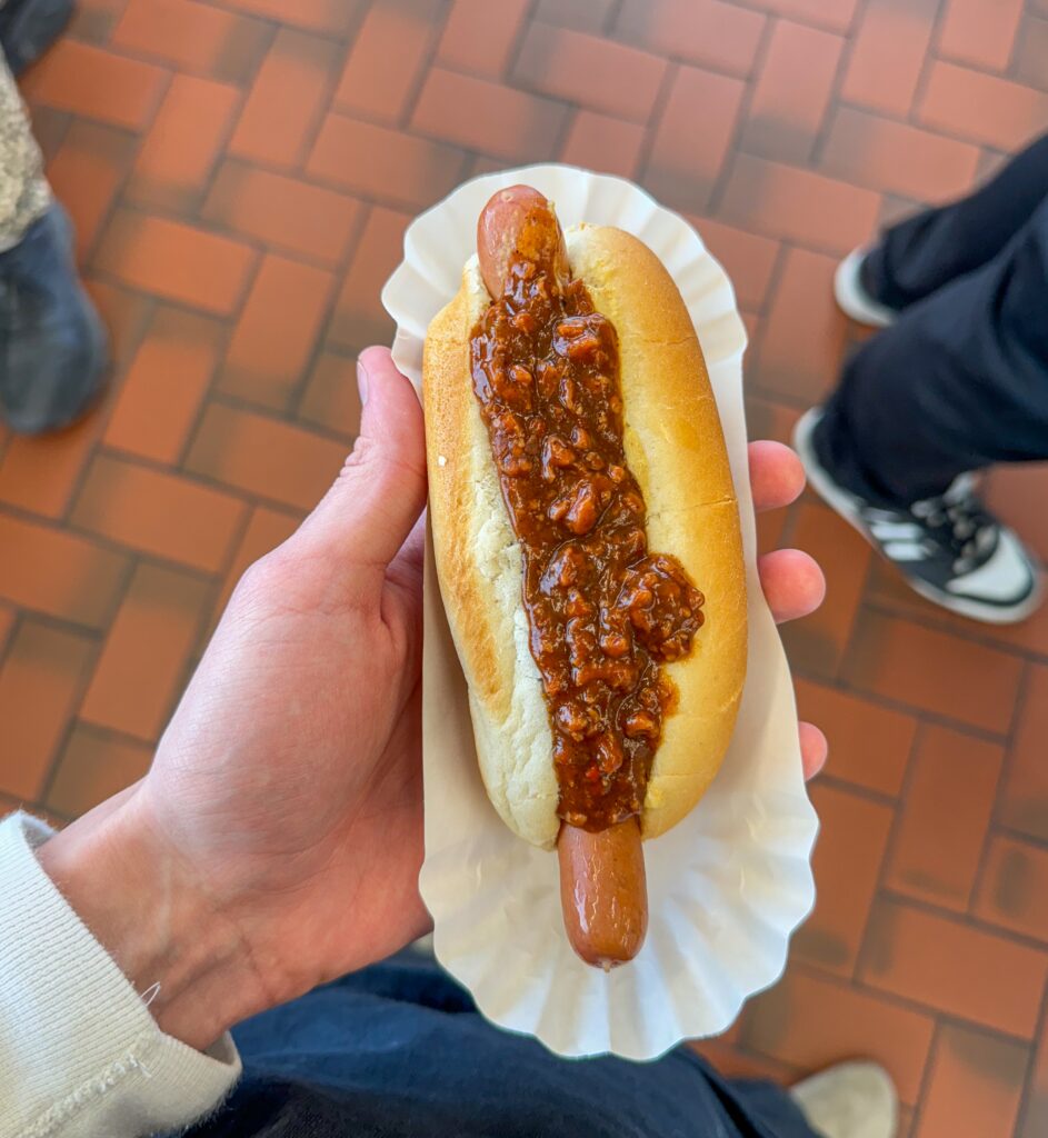 A chili-topped dog from Hank's Franks