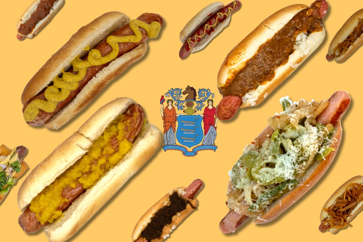 A collage of iconic New Jersey hot dogs surrounding the New Jersey state seal.