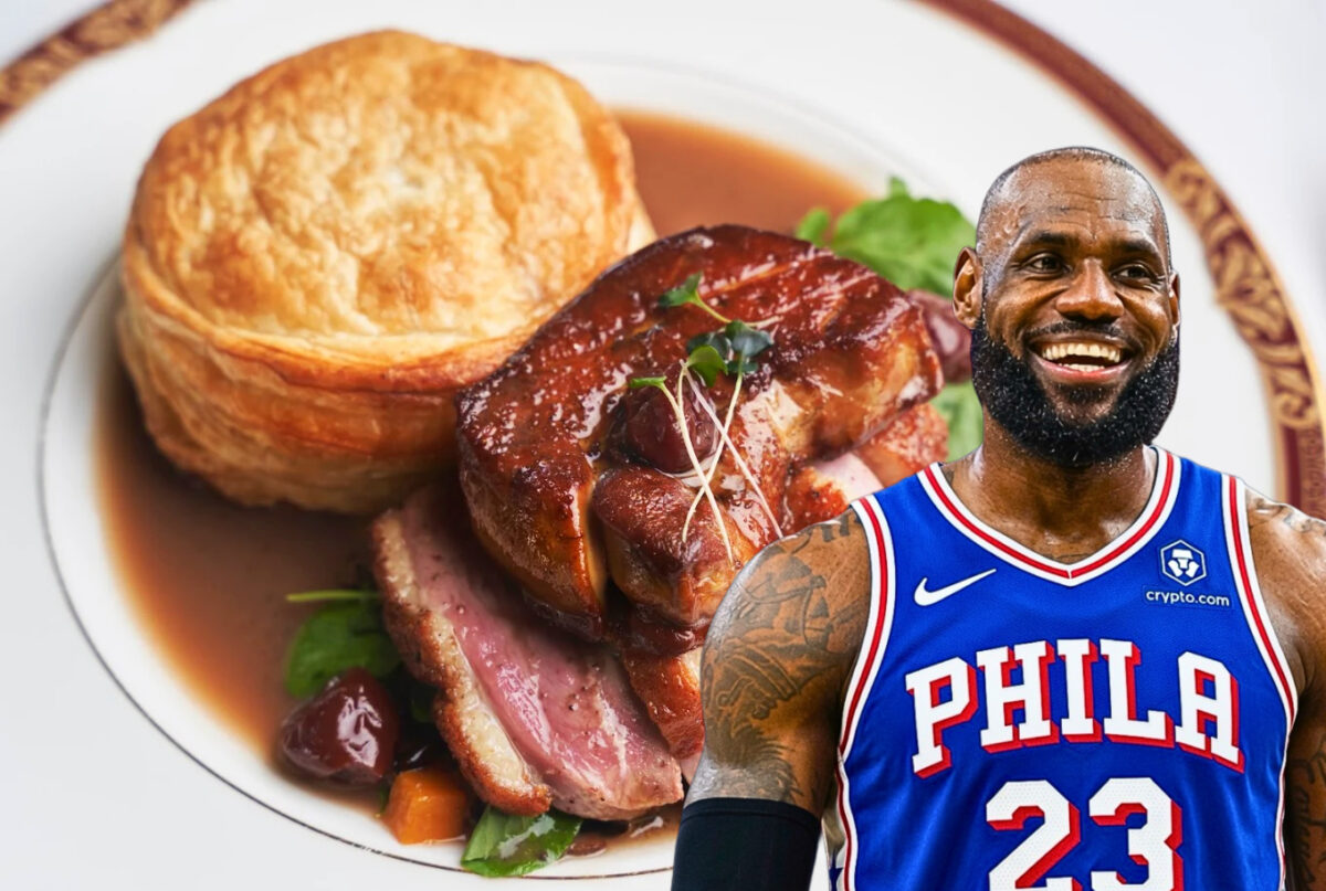 Photo of LeBron James in a Sixers Jersey overlayed on a picture from June BYOB