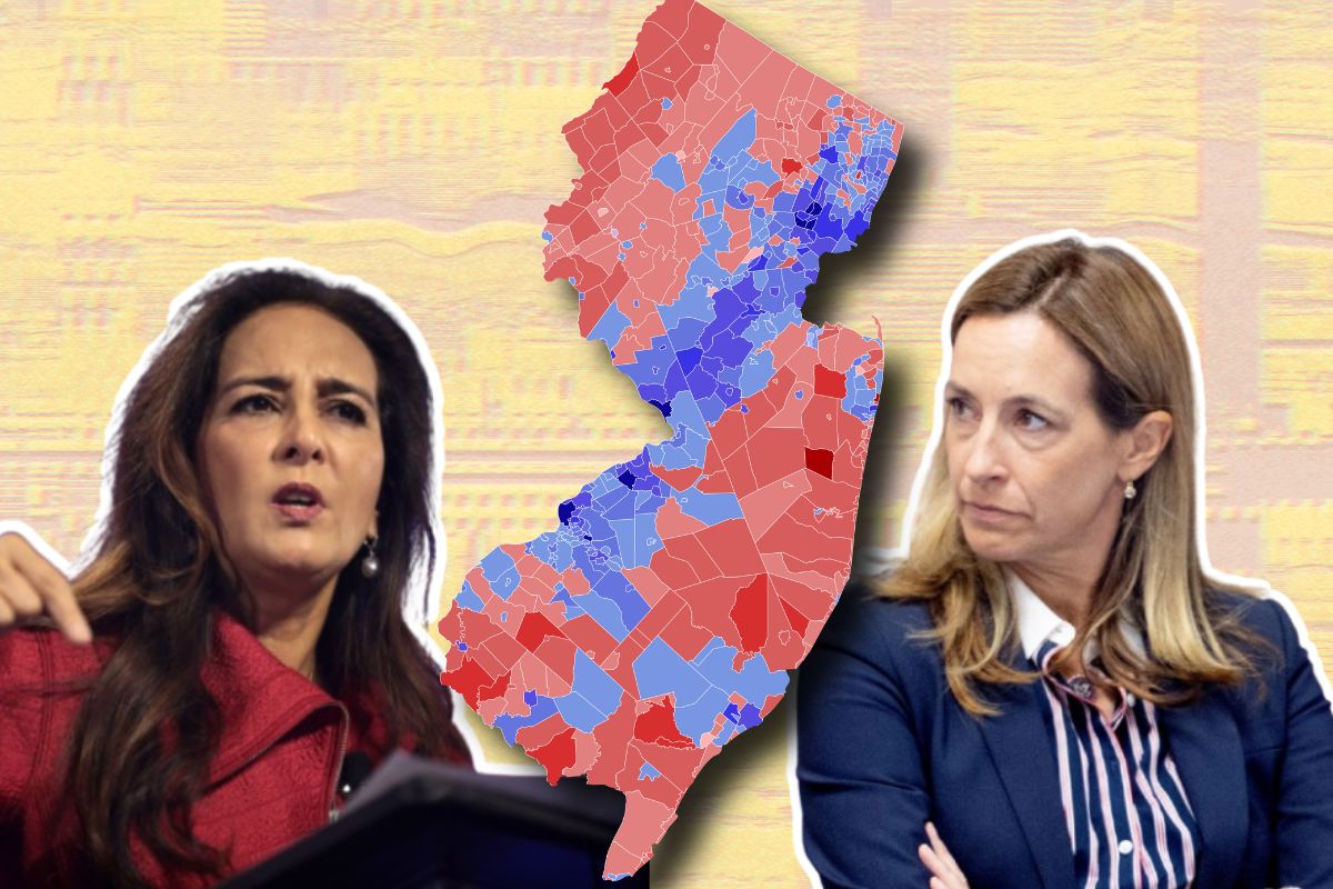 A composite image of Harmeet Dhillon and Gov. Mikie Sherrill flanking a map of New Jersey, representing the standoff over the state's noncitizen voter data