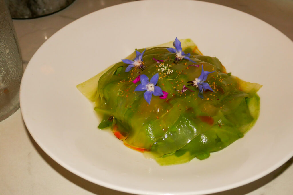 green cucumber hides a peach and chamomile salad