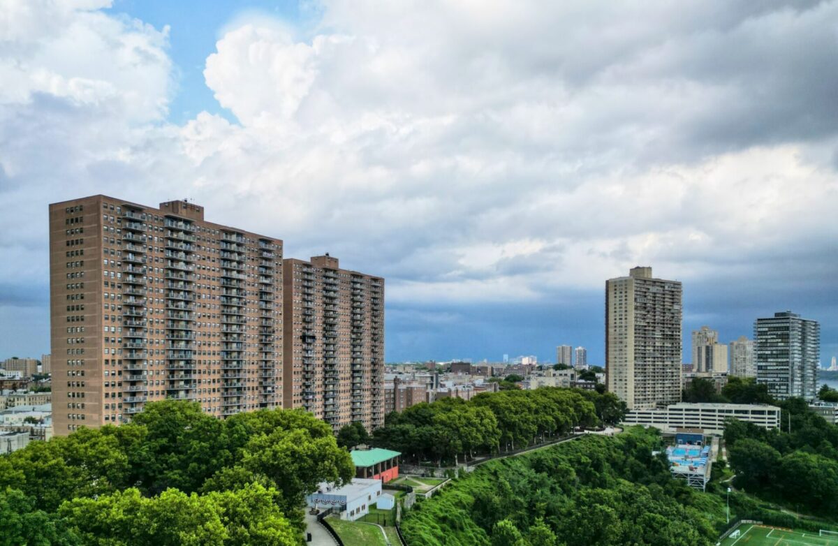 High-rise apartment buildings in West New York, New Jersey, overlooking the Hudson River.