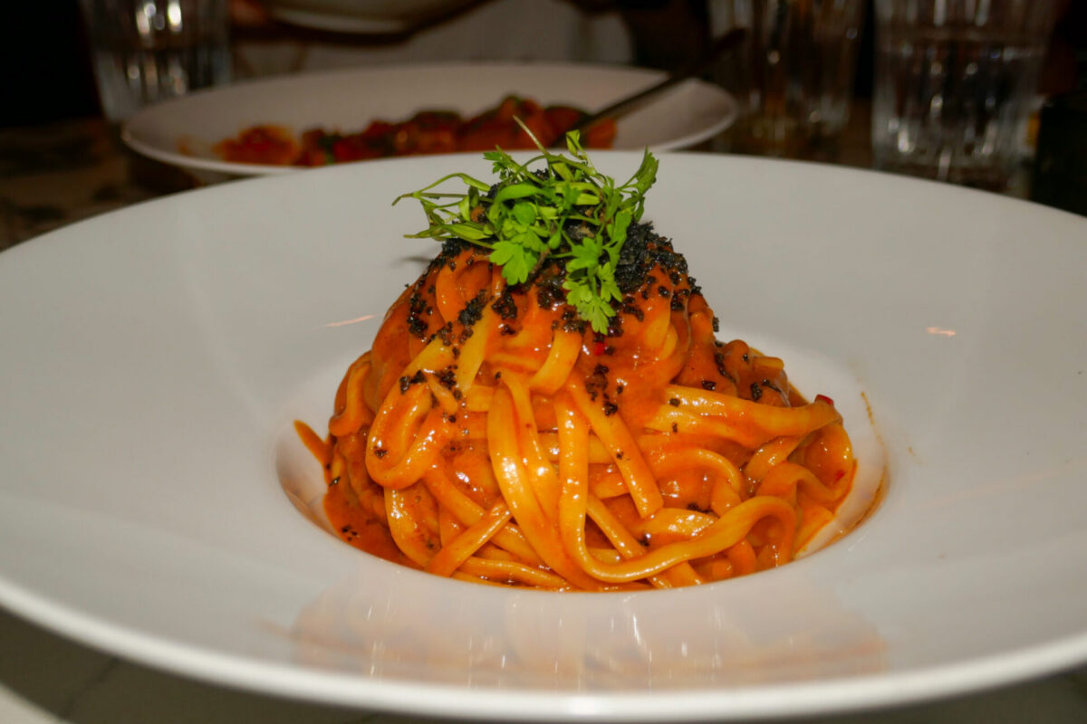 Linguine Amatriciana with squid at Cotto in Morristown, New Jersey.