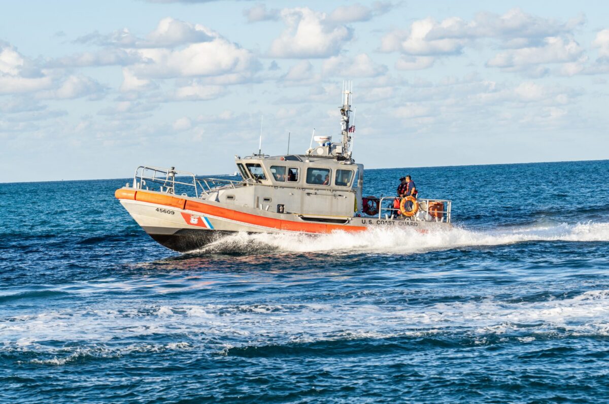 A U.S. Coast Guard vessel patrols the ocean.