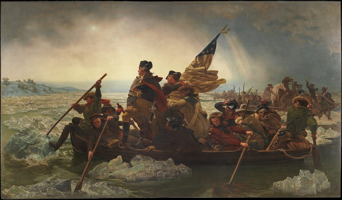 Washington Crossing the Delaware, painted by Emanuel Leutze in 1851, depicting George Washington's Christmas night crossing of the Delaware River in 1776.