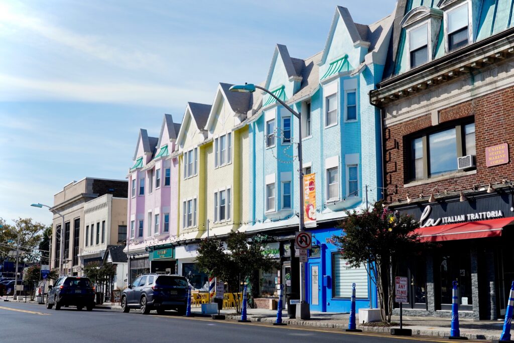 Colorful historic storefronts along downtown Westfield, New Jersey, one of the state's wealthiest suburbs.
