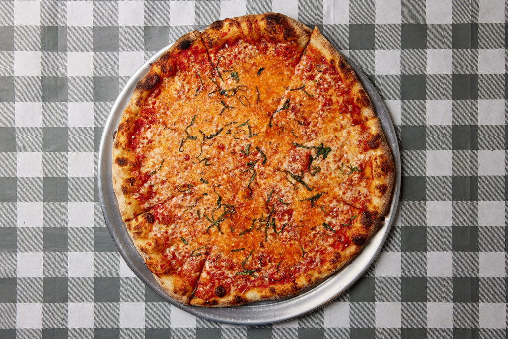 A plain cheese pizza from Bucky's in Chatham