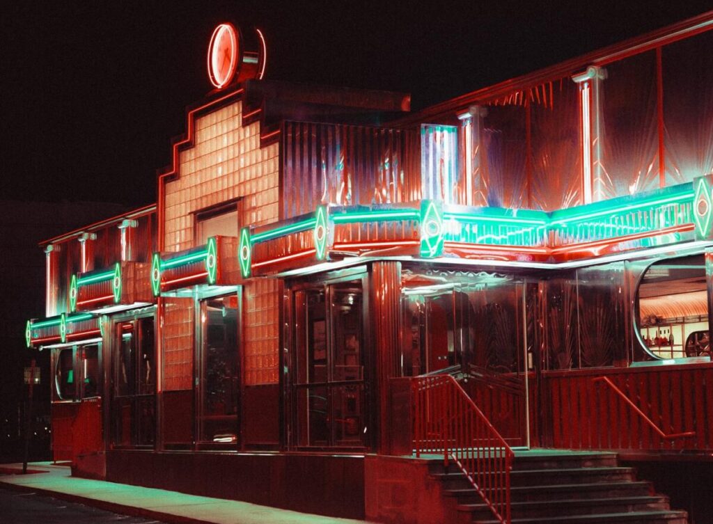 Tick Tock Diner at night on Route 3 in Clifton