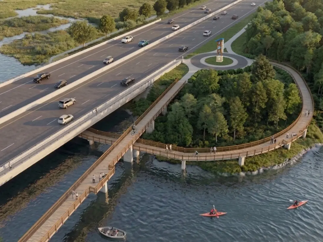 A rendering of the proposed $30 million boardwalk-style trail crossing Route 130 and Rancocas Creek in Burlington County