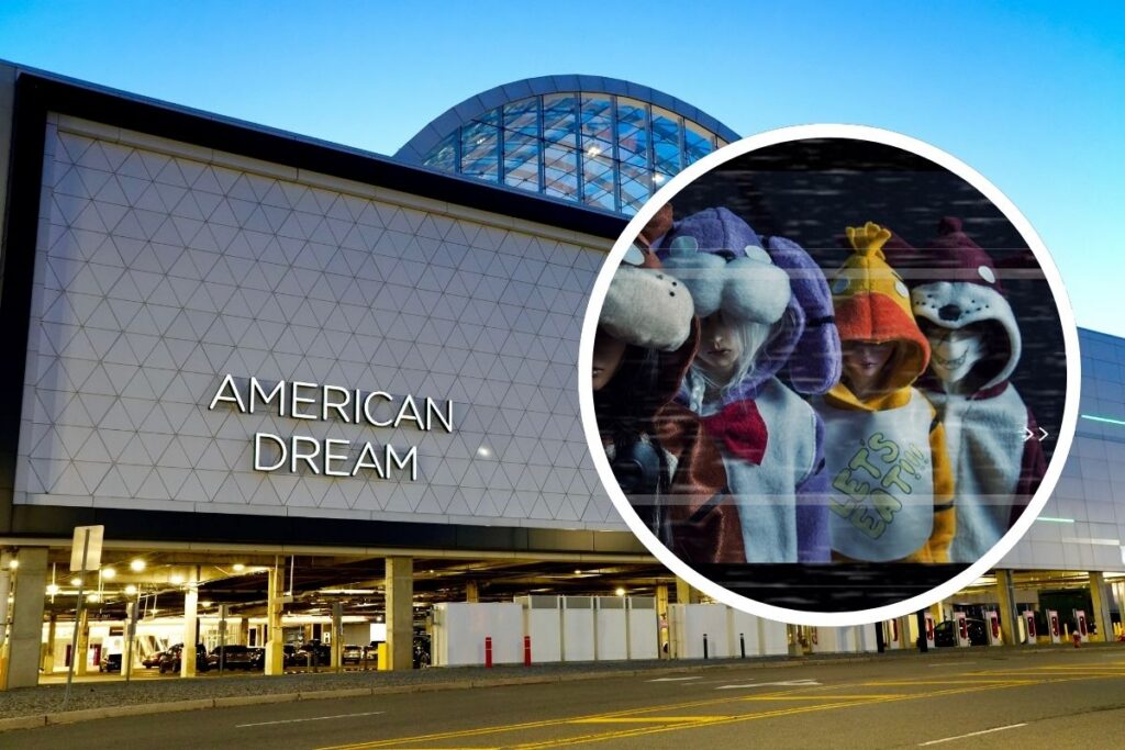 American Dream Mall exterior with an inset of people wearing Five Nights at Freddy's-inspired character costumes