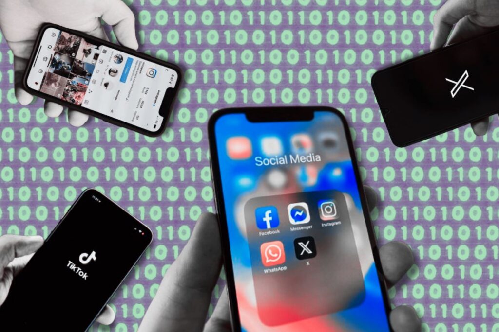 multiple hands using smartphones over a digital background, representing New Jersey's new online safety protections for kids