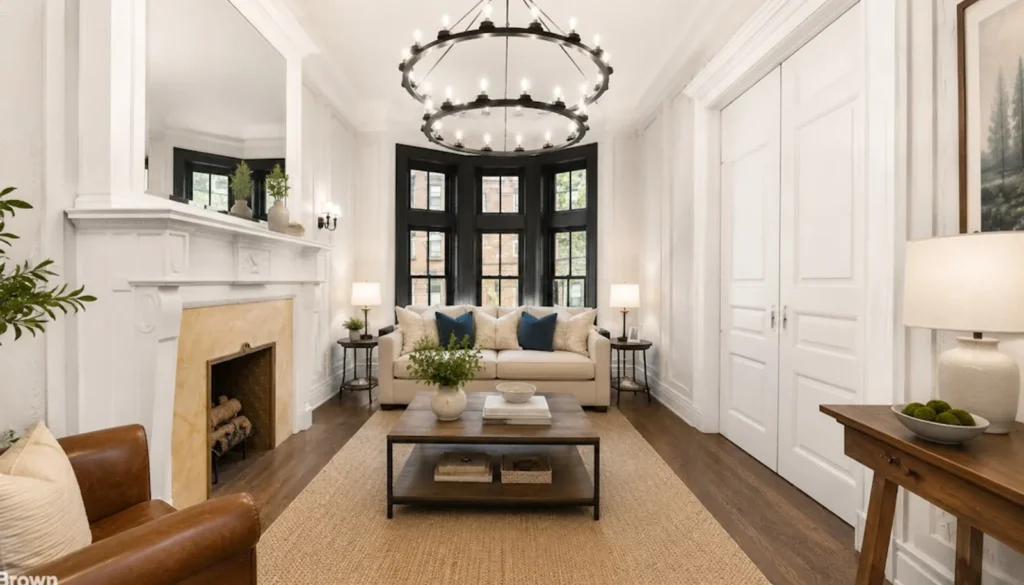 The parlor-level living room of the Hoboken brownstone once owned by Frank Sinatra's parents, featuring original bay windows and crown molding